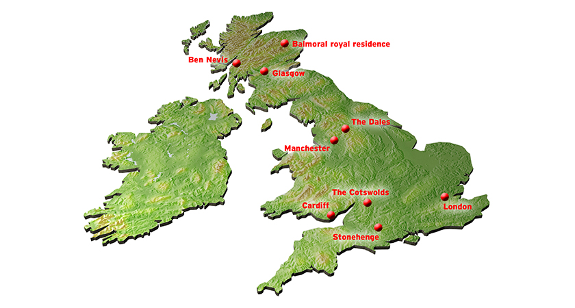 A map of the complete list of British cities and landmarks that Irish people struggled to find, according to the poll.