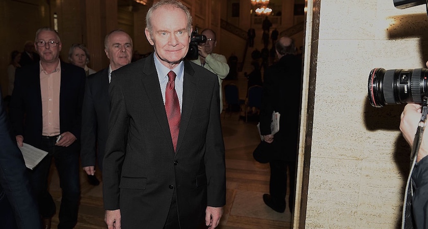 BELFAST, NORTHERN IRELAND - JANUARY 16: Former Deputy Northern Ireland First Minister Martin McGuinness walks through the Great Hall at Stormont after failing to nominate a candidate for the role of Deputy First Minister on January 16, 2017 in Belfast, Northern Ireland. Northern Ireland politics have been plunged into crisis following the RHI Cash for Ash controversy, a renewable heat scheme introduced by the then DETI minister Arlene Foster which could see the Northern Ireland taxpayer facing a bill of over ¬£400 million pounds due to a flaw in the scheme. The resignation of Deputy First Minister Martin McGuinness last week and a failure to re-nominate a Sinn Fein candidate for the position by 5pm today will trigger a snap election. (Photo by Charles McQuillan/Getty Images)