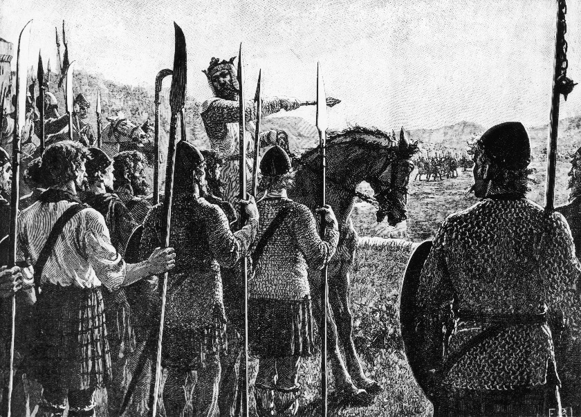 Robert the Bruce (1274 - 1329), King Robert I of Scotland, addresses his troops before the Battle of Bannockburn in Scotland, 23rd June 1314. Here Bruce won a decisive victory over King Edward II of England. A plate from 'Cassell's History of England'. (Photo by Hulton Archive/Getty Images).