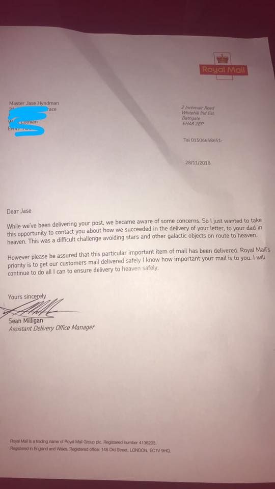 7-year-old boy who asked postman to send birthday card 'to my dad in heaven' gets 'lovely' response.