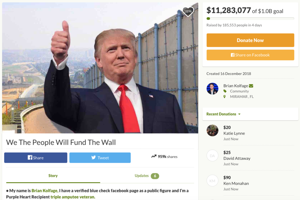 GoFundMe page raises over $10m to help build Trump’s border wall.