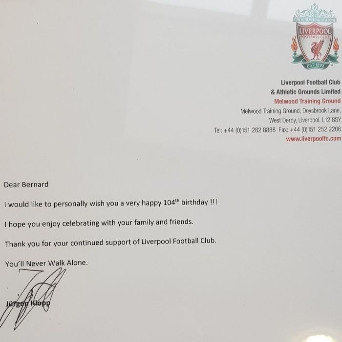 Liverpool superfan given incredible gift from Jurgen Klopp on his 104th birthday.