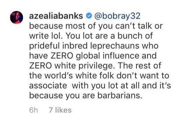 ‘Don’t you have a famine to go die in?’ - Azealia Banks launches fresh anti-Irish tirade.