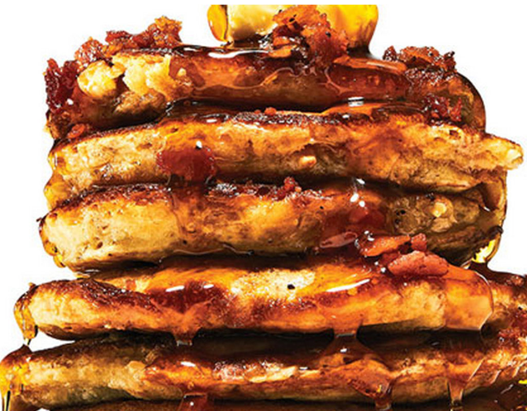 Jameson whiskey bacon maple syrup pancakes offer an Irish twist on an established classic.