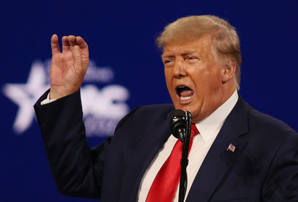 Former U.S. President Donald Trump addresses the Conservative Political Action Conference (CPAC) held in the Hyatt Regency on February 28, 2021 in Orlando, Florida. Begun in 1974, CPAC brings together conservative organizations, activists, and world leaders to discuss issues important to them.